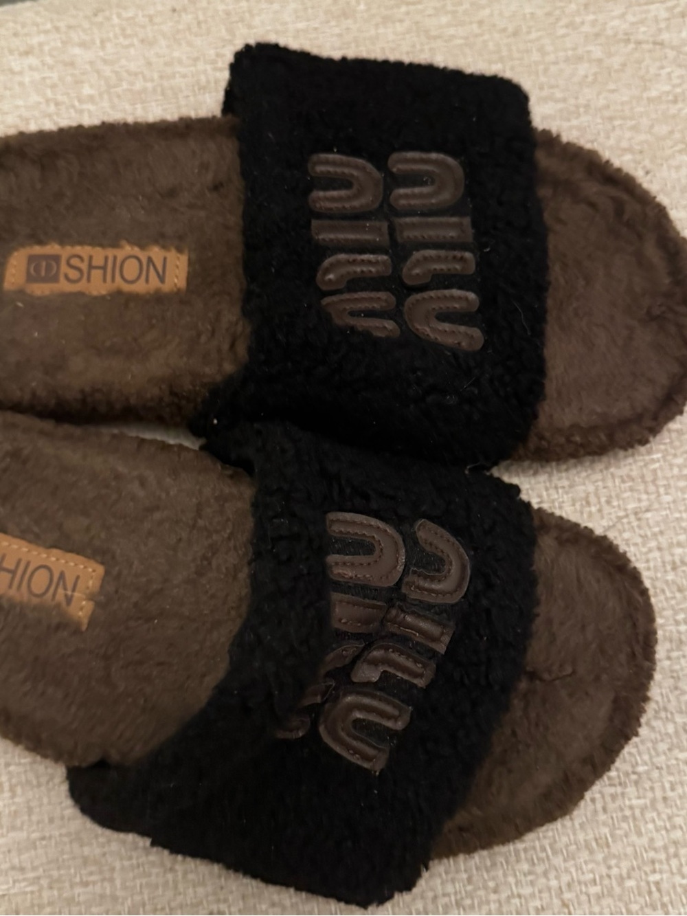 Faux Fur Slide Slippers in Dark Brown and Black - Picture 3 of 4